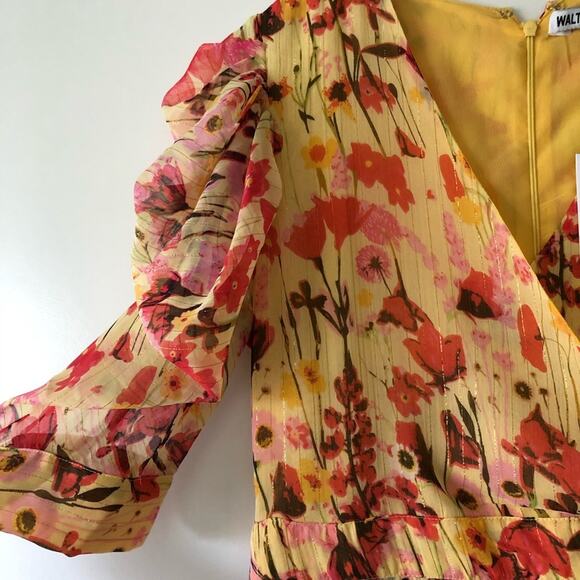 Walter Baker Butter Yellow Floral Print Dress Puff Short Sleeve Faux Wrap 8 $228 - Picture 5 of 11
